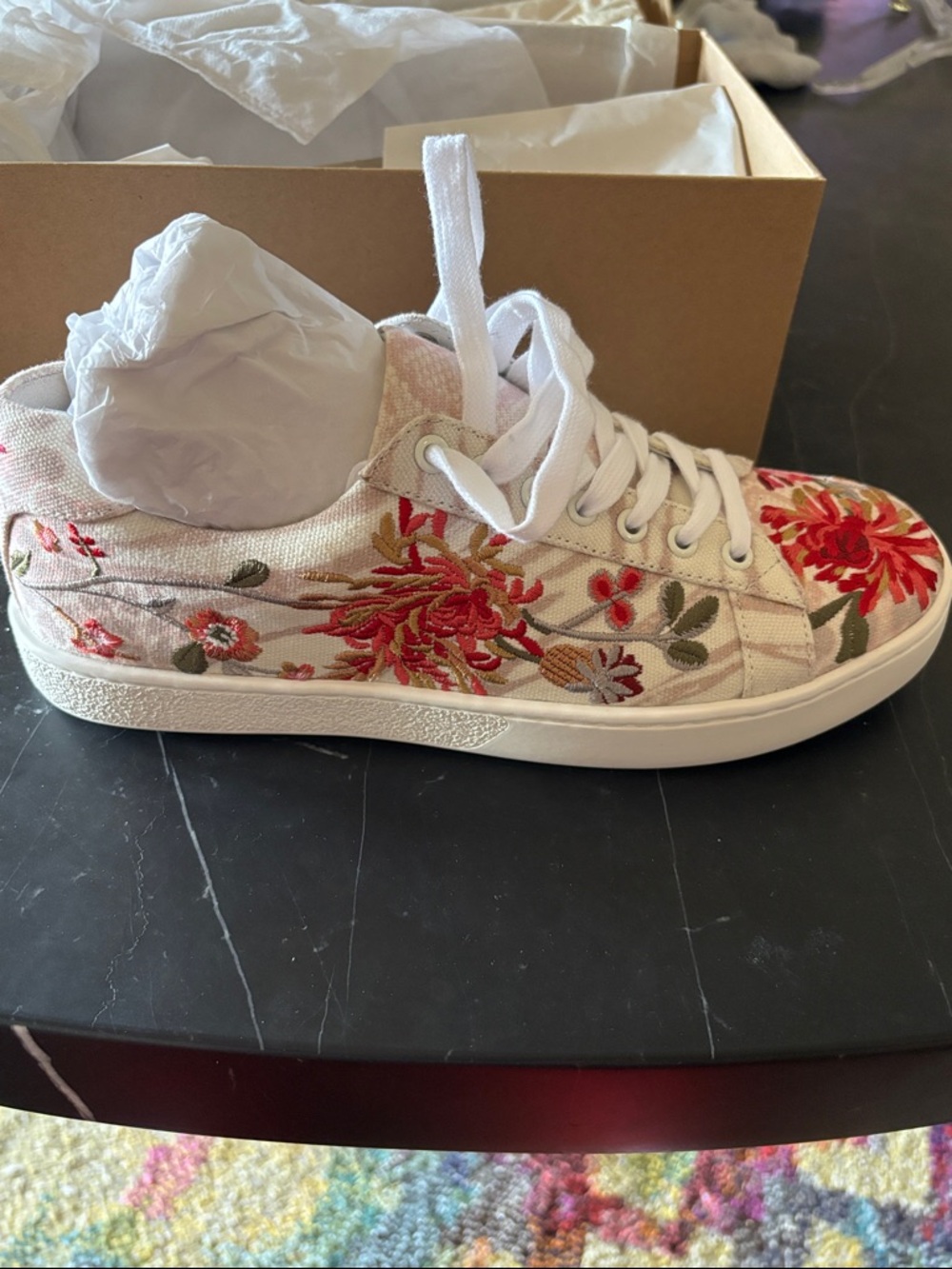 Johnny Was White Sneakers with Red & Green Floral Embroidery